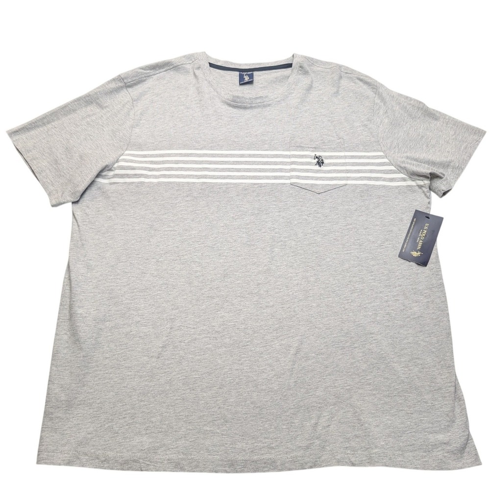 NWT U.S. Polo Assn T-Shirt Mens 2XL Gray Striped Pocket Crew Neck Logo Tee